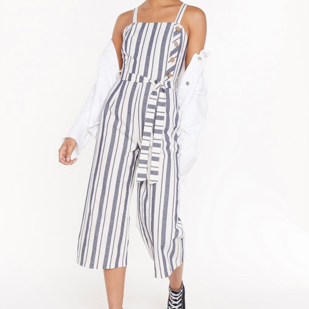 Nasty Gal Stripe Linen Cropped Jumpsuit - Blue